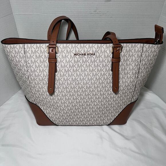 Michael Kors Aria Large Handbag Leather Tote Signature Acorn Vanilla New - Picture 1 of 6